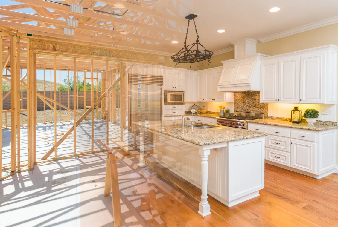 Modern kitchen with construction framing overlay